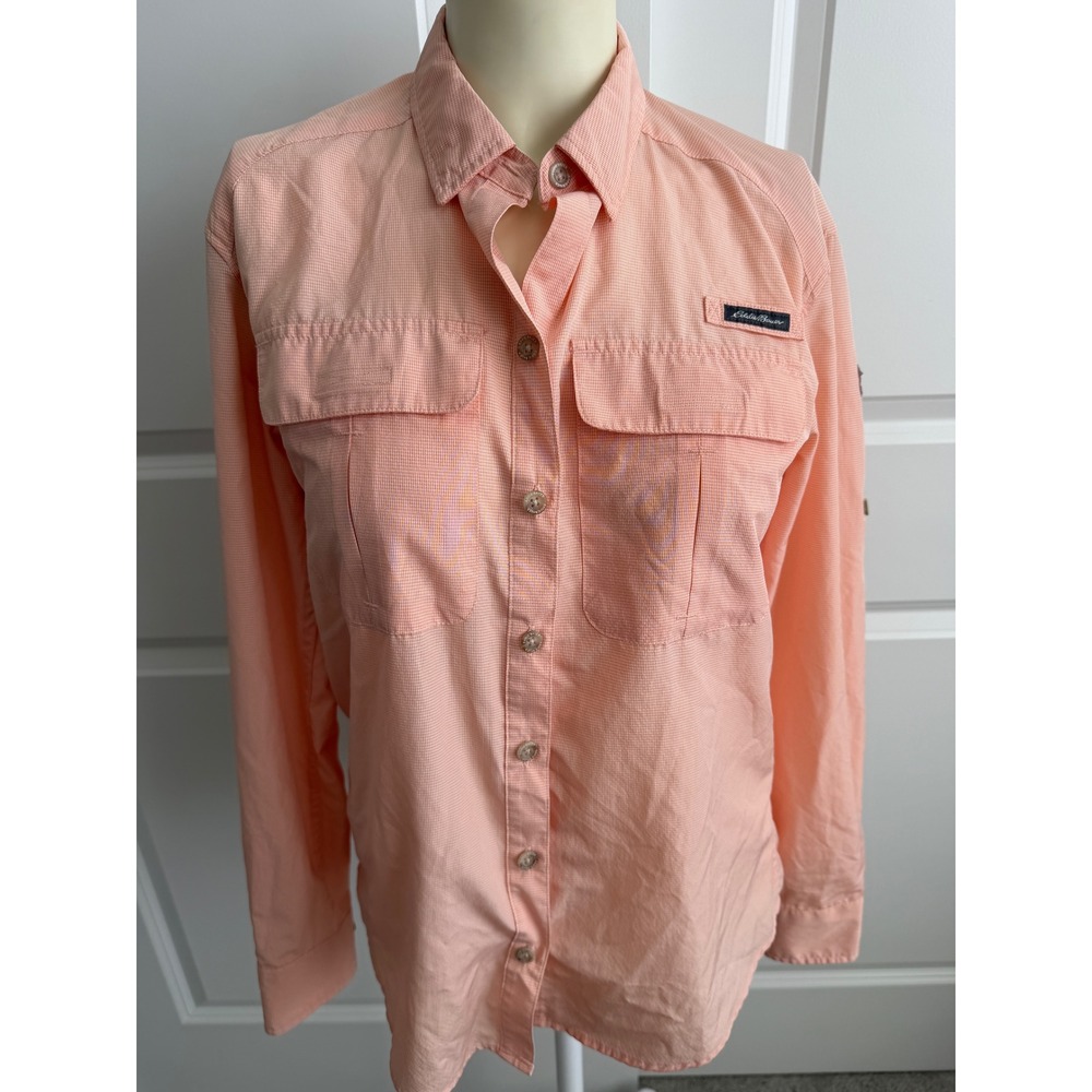 Eddie Bauer Sport Shop Womens XS Peach Gingham Fishing Hiking Roll Tab Shirt